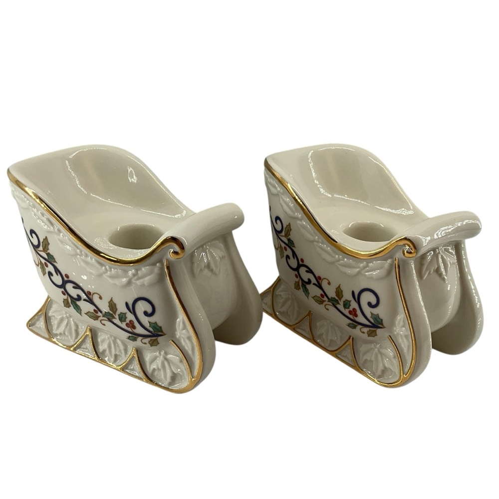 MIKASA Pair of Candlesticks Porcelain Sleigh Christmas Holiday Cream Gold NWT